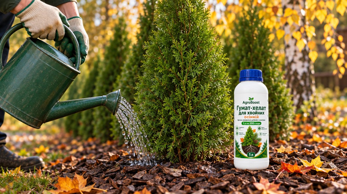 Осінній полив туї гумат-хелатом для хвойних AgroBoost
