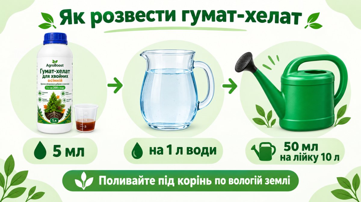 Як розвести гумат-хелат для хвойних: 5 мл на 1 л води, 50 мл на лійку 10 л